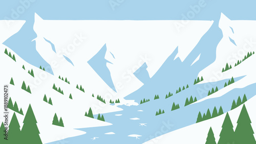 Mountain Vista: Witness the vastness of the mountain landscape, where snow-capped peaks kiss the sky, a serene river flows through the valley and a touch of the environment.