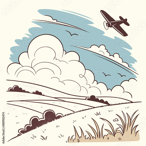 Vintage airplane flying over rolling hills
