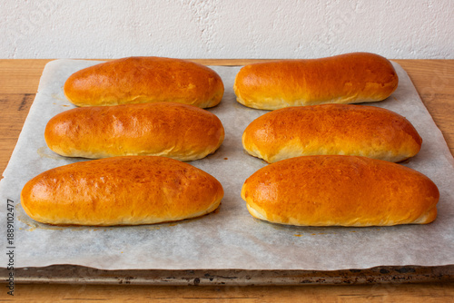 Seis panecillos caseros para perritos calientes sobre papel de horno y fondo blanco