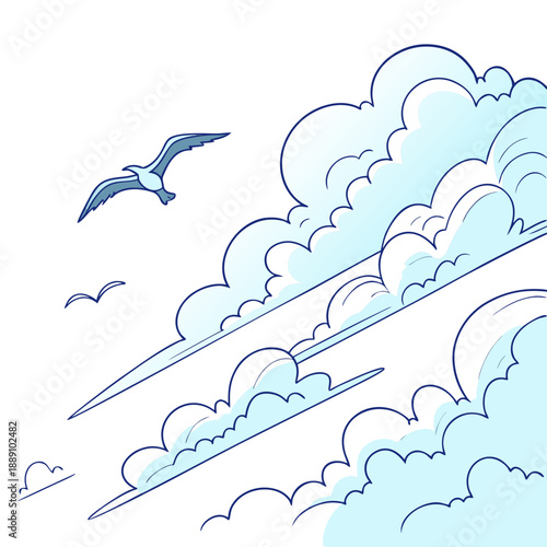 Seagulls flying through cloudy skies