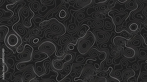Modern topographic contour map design with white lines on black background