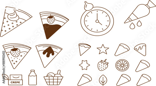 Minimalist brown line art crepe and pancake illustration set with strawberries, kitchen tools, sweets, and cafe icons on white background