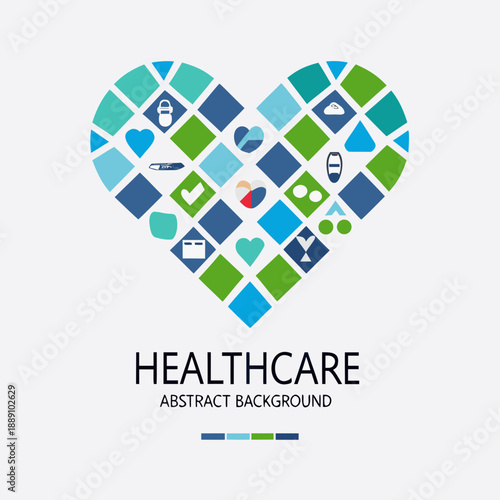 Healthcare heart mosaic with medical icons and abstract background