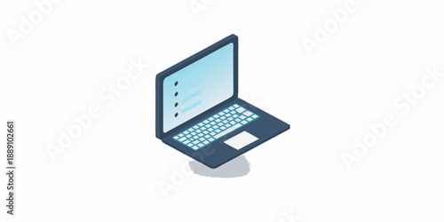 Isometric illustration of a dark blue laptop with a light blue screen
