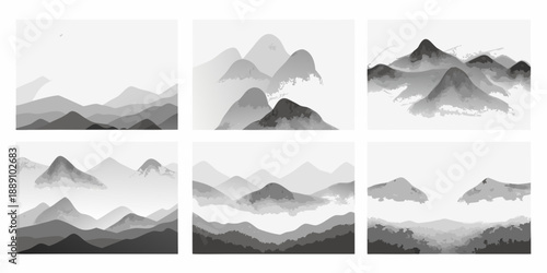 Six grayscale panels depicting traditional east asian mountain landscapes