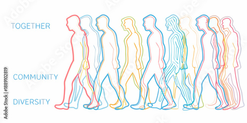 A line of colorful figures walking together conveying unity and diversity