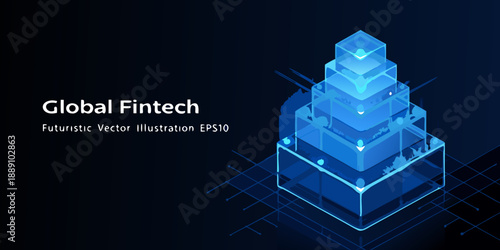 Abstract blue isometric cubes representing global fintech and futuristic technology