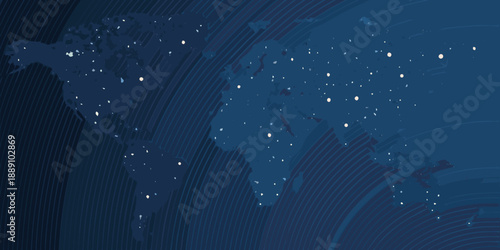 A dark blue map of the world displaying glowing city lights at night