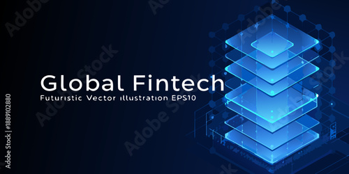 Abstract fintech design featuring layered glowing squares and text