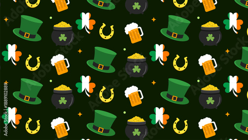 Leprechaun Top Hat, Pot of Gold Cauldron, Ireland Flag with a Shamrock Shape, and Lucky Horseshoe Vector Seamless Pattern for Saint Patrick's Festival