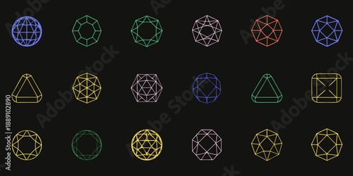 Colorful geometric shapes arranged in rows on a dark background