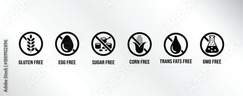 Food Allergy and Dietary Restriction Icon Set with Gluten Free, Egg Free, Sugar Free, Corn Free, Trans Fats Free, and GMO Free Labels