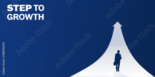 Step to growth a lone figure walks towards a bright upward path