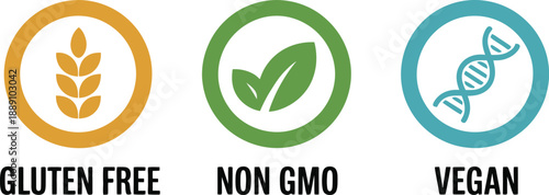 Gluten Free, Non-GMO, and Vegan Dietary Requirement Label Set, Food Product Quality Certification and Healthy Lifestyle Nutrition Icons