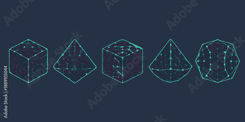 Geometric shapes rendered as glowing blue wireframe polyhedra on a dark background