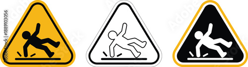 Caution Slippery Floor Warning Sign Icon Set in Yellow and Black Triangles, Wet Surface Safety Alert for Industrial and Commercial Environments