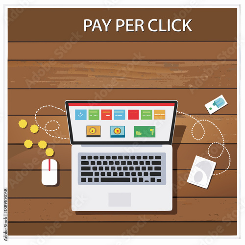 Pay per click advertising concept with laptop coins and business cards