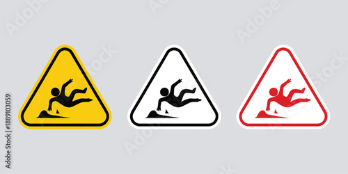 Caution Slippery Floor Warning Sign Icon Set in Yellow and Black Triangles, Wet Surface Safety Alert for Industrial and Commercial Environments
