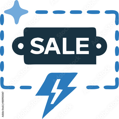 Blue sale tag shows flash with dotted border against a white backdrop