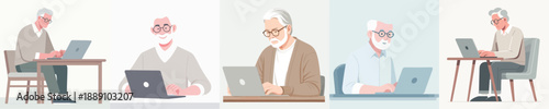 Grandpa is playing on laptop in simple and minimalist flat design vector style