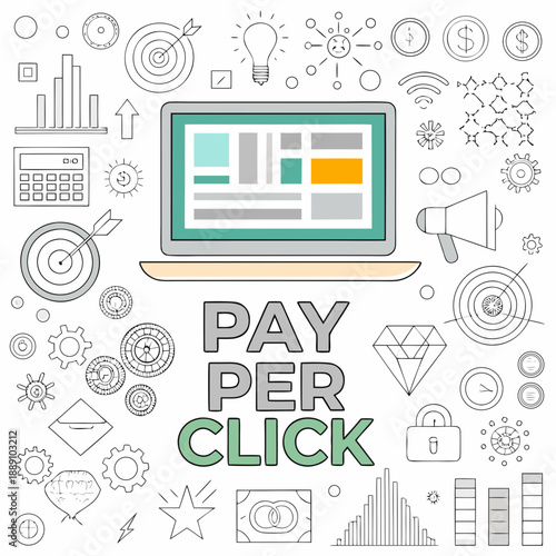 Pay per click advertising concept with laptop and business icons