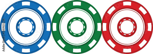 Casino poker chip illustration set in blue green and red colors for gambling gaming and betting designs
