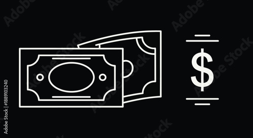 A simple white line drawing depicts stacked currency and a dollar sign on a black background