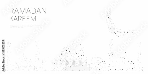 Ramadan kareem greeting with a minimalist crescent moon and city skyline