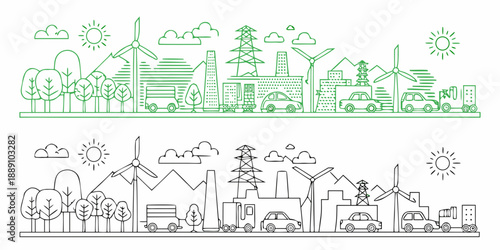 Green energy cityscape wind turbines solar panels and sustainable infrastructure