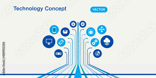 Technology concept illustration with a tree of interconnected digital icons