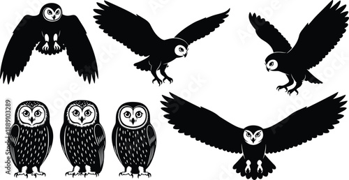 Black silhouette owl icon set showing flying and standing nocturnal birds in multiple poses isolated on white background vector illustration
