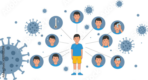 Disease symptoms and virus infection illustration showing sick child with fever, headache, cough, fatigue, and medical health warning concept in flat vector style