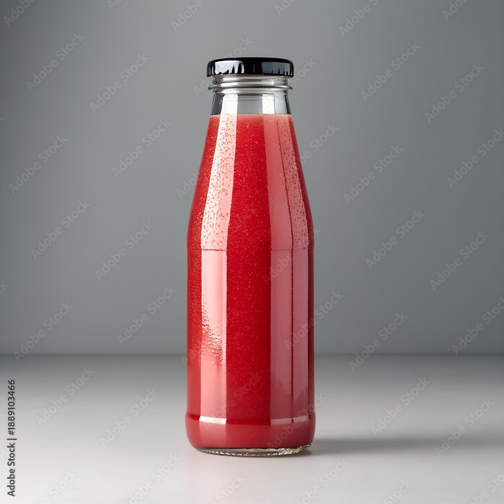 Obraz premium Bottle of Red Juice on the Grey Background, Fresh Fruit Beverage, Natural Healthy Drink, Summer Juice Presentation, Product Display, Refreshing Vitamin Rich Drink, Ideal for Branding and Packaging.