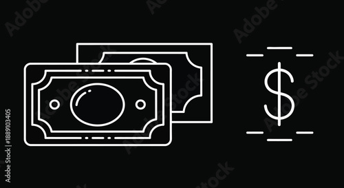 Simple white line illustration depicting stacks of cash and a dollar sign on a black background