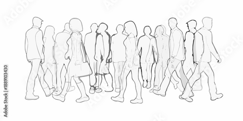 A group of people walking together in a simple line drawing style