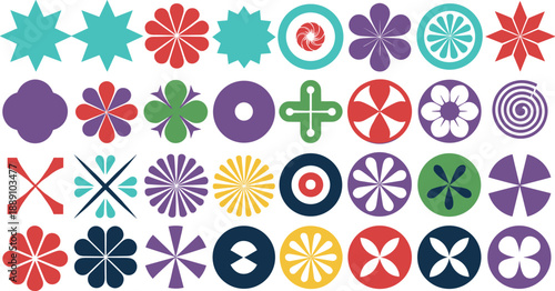 Colorful geometric floral shape icon set with circles stars petals and decorative symbols for modern pattern designs