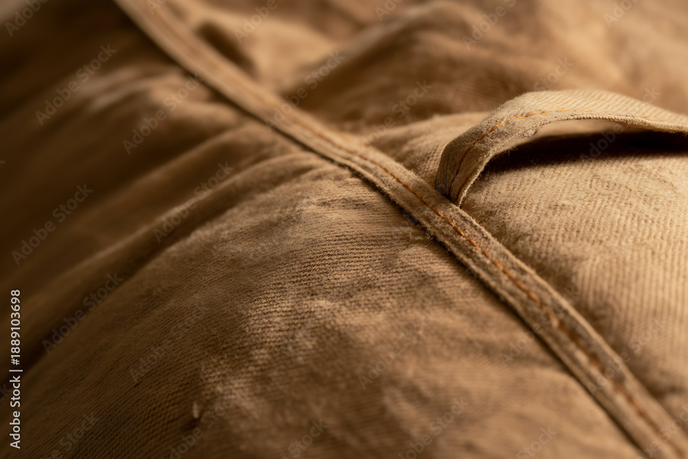 Fototapeta premium Extreme close-up of textured beige fabric with visible stitching and a soft, wavy surface
