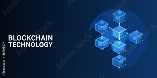 Blockchain technology concept with interconnected cubes and a dark blue background