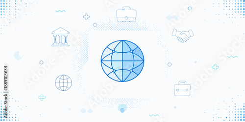 Global business connections and international collaboration illustrated with blue line art