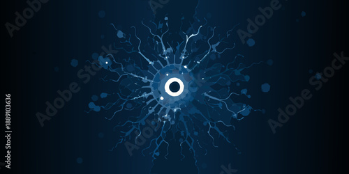 Obraz na plátně Abstract blue neural network with a central glowing eye like structure