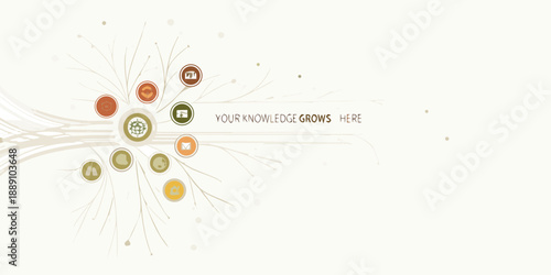Abstract design featuring branching lines circles and text about knowledge