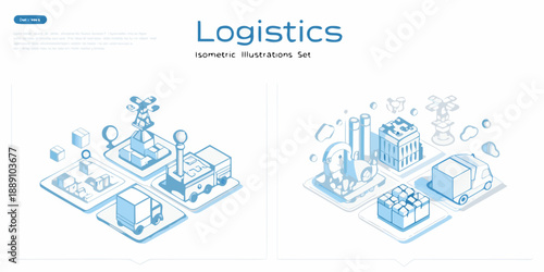 Isometric logistics illustrations depicting supply chain management and transportation systems