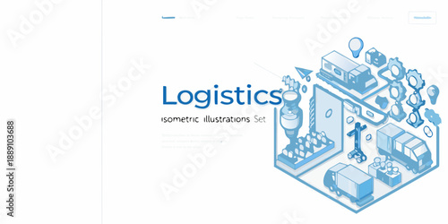 Logistics isometric illustration set with trucks gears and map pins