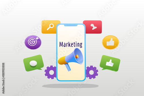 Smartphone displaying marketing concept with icons floating around it