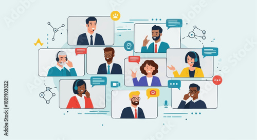 Digital Meeting of Minds: a stylized illustration featuring diverse individuals engaged in a dynamic virtual meeting, each represented within individual screens.