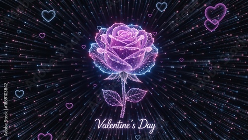 Futuristic neon rose with glowing hearts and particles. Digital wireframe flower illustration for Valentine's Day. Cyber love concept