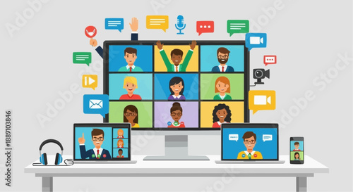 Remote Work Collaboration: A diverse group engages in a dynamic video conference, their faces radiating enthusiasm as they connect across distances, signifying the modern workplace.