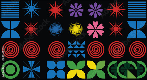 Colorful abstract geometric symbol set on dark background with stars spirals petals and modern decorative shapes
