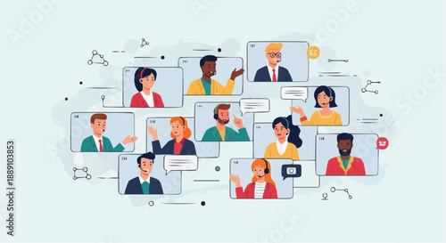 Virtual Collaboration: A colorful illustration showcasing a diverse group of individuals engaged in a virtual conference, connecting through online communication and fostering collaboration.