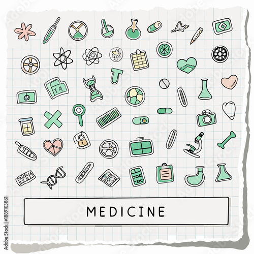 Colorful doodle icons representing various medical and scientific elements